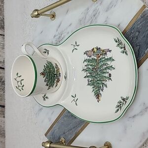 Spode RARE Christmas Tree Classic Ceramic Tea & Toast Snack Plate & Mug Set